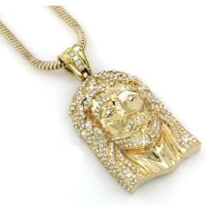  Gold Plated Jesus Face CZ Bling Pendant & Free 36 Chain 
