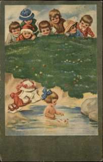 Boys Spy on Little Girl Skinny Dipping c1910 Postcard  