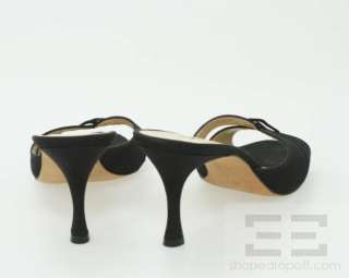 Manolo Blahnik Black Fabric Cross Strap Slide Heels Size 39.5 NEW 