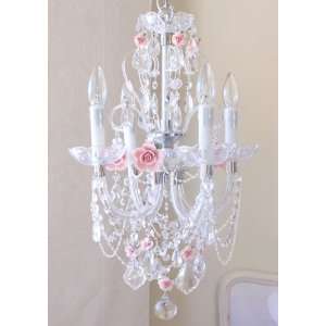  4 Light Crystal Chandelier with Pink Porcelain Roses