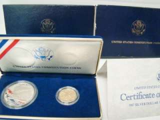 1987 US CONSTITUTION PROOF GOLD FIVE DOLLAR & SILVER DOLLAR COIN SET 