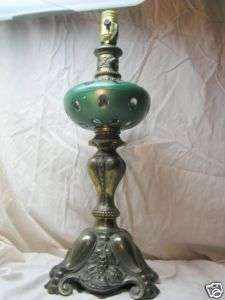 ANTIQUE GREEN DOTTED BRASS and GLASS TABLE LAMP  