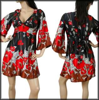 New Red Silky Kimono Sleeve Tie Back Dress Casual Evening Career S 