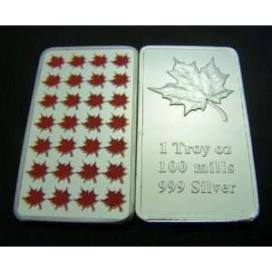   Red * 1 oz 100 Mill .999 Fine Silver Maple Leaf Art Bar *KromeProducts