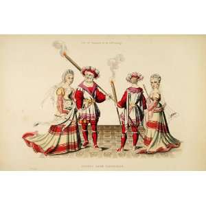  1858 Lithograph Medieval Tapestry Man Woman Costume   Hand 