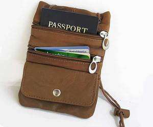 PASSPORT Neck Leather ID Holder Pouch Sling Travel TAN  