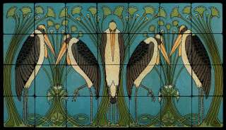 28x16 Art Nouveau Cranes Fine Art Tiles for Kitchen  