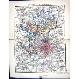   Antique Map 1885 Middlesex Hertford London Croydon Luton Windsor