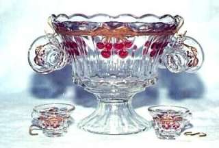 Mosser Glass HP Cherry Thumbprint Punch Bowl Cups Hooks  