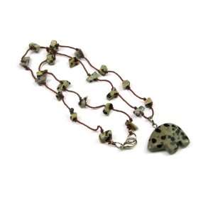 Dalmatian Jasper Zuni Bear Pendant on Hand Knotted Silk Necklace with 