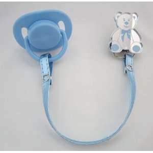  Blue Teddy Bear Mirror Pacifier Clip with Faux Leather 