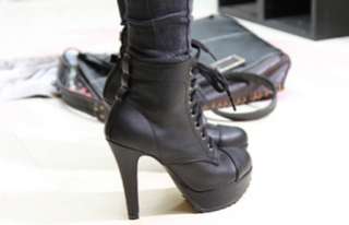 Ladies Stud Belt High Heels Platform Lace up Black Fashion ankle Boots 