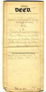 1881 antique DEED sherer+ensminger LANCASTER PA manheim  