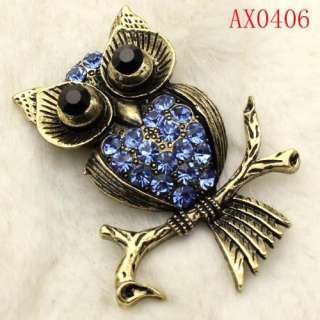 Delightful Blue Crystal Owl Antique Bronze Brooch  AX0406 