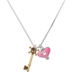 Antiqued Gold Beaded Skull Key and Trasnlucent Pink Heart 