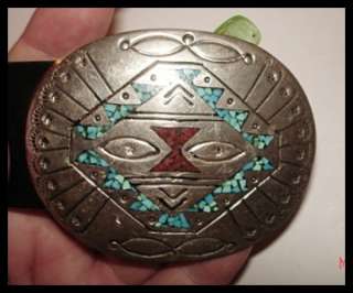VINTAGE SILVER TURQUOISE CORAL JIMMY NEZZIE INDIAN BELT BUCKLE W/ TONY 