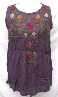 Peasant Boho Embroidered Flower Floral Sleeveless Cotton TOP Blouse Sz 