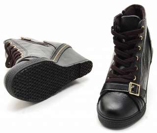 Womens Wedge Heel High Top Sneakers Zipper (Black)  
