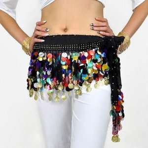   Sequins Coins Belly Dancing wrap Hip Scarf Black