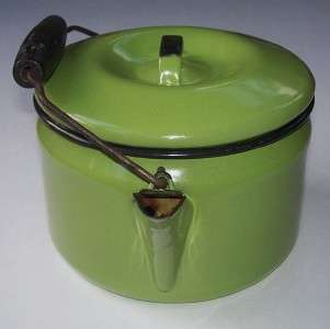   ENAMELWARE TEA POT KETTLE with WIRE BAIL Olive Green with Black Trim