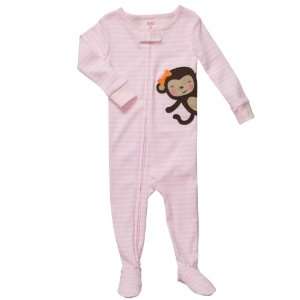   Baby Girls One Piece Cotton Knit Pink Monkey Footed Sleeper Pajamas