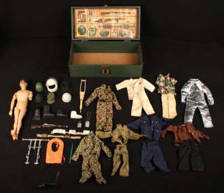 OLD ORIGINAL GI JOE DOLL 1964 HASBRO WITH CLOTHES & ARMY TRUNK BOX 