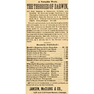  1882 Ad Darwin Theories Literature Book Jansen McClurg 