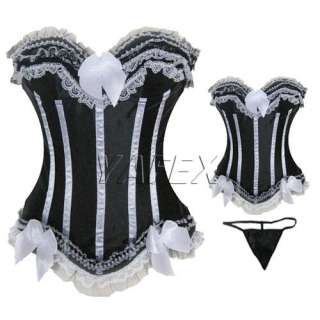   Sexy boned bustier Basque Corset top party bodice G string Set, 8Cols