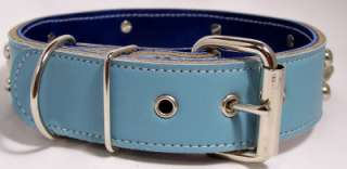 24 LIGHT BLUE Leather Spiked Dog Collar 1.5 Wide BB4  