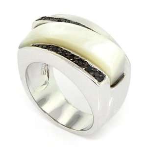  White Mother of Pearl Band/Cocktail Ring w/Black CZs Size 