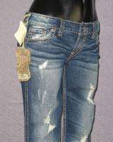 NWT Womens SILVER Jeans DESTROYED LOW RISE FLARE BOOTCUT DARK BLUE 