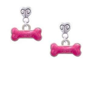  Hot Pink Glitter Dog Bone Mini Heart Charm Earrings 