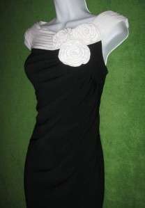 JESSICA HOWARD Black Off White Ivory Pleat Neck Rosette Cocktail Dress 