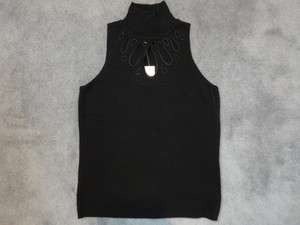   Sleeveless Turtleneck Cut Out Design Ribbed Silk Black Shirt sz Small