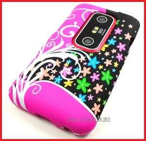 HTC EVO 3D 4G PINK GREEN BLUE FLOWERS HARD COVER CASE  
