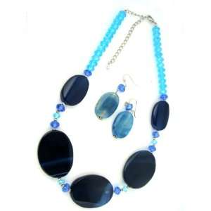  Blue Agate and Crystal Necklace with Matching Earrings 