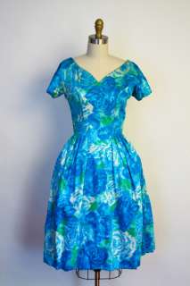   Suzy Perette Blue Green Floral Mad Men Bombshell Full Party Dress S/M