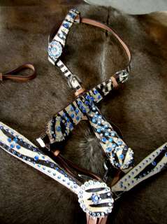 SET BRIDLE BREAST COLLAR WESTERN LEATHER HEADSTALL BLUE  