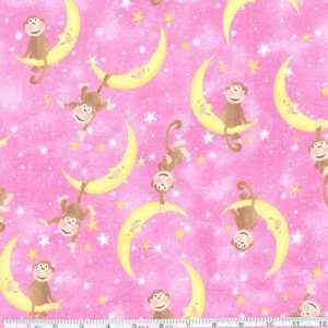  44 Wide Flannel Monkey In The Moon Pink Fabric By The 