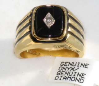 MENS SMARK DESIGNER GENUINE ONYX GENUINE DIAMOND 18KT GOLD GP RING 