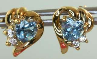 10k yellow gold heart blue topaz earrings cz vintage  