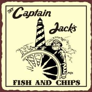 Captain Jack Fish n Chips Vintage Metal Art Beach Seafood Retro Tin 