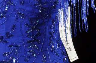 Vtg 80s Cobalt Blue BEAD SEQUIN Silk FRINGE Slv Hem KEYHOLE Flapper 
