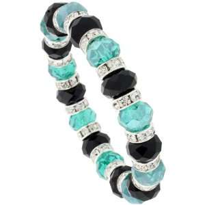 in. Black & Emerald Color Faceted Glass Crystal Bracelet on Elastic 