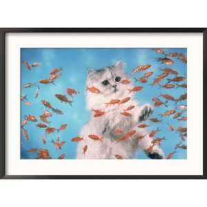  Cat Observing Goldfish in an Aquarium Framed Photographic 