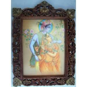 Lord Radha Krishna Enjoying Flute Poster Painting in Wood Crafts Frame 
