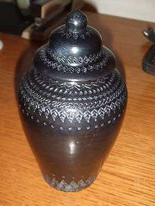   Malaysian Decorated Black Clay Jar Pot Vase + Lid Leaf Tea Spices