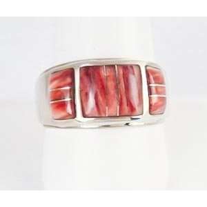    Southwestern Inlay Silver Red Spiny Oyster Mens Ring 12.5 Jewelry