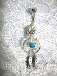 DREAMCATCHER w BLUE TURQUOISE & 2 FEATHERS BELLY RING  