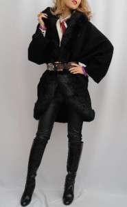 BN CATHERINE MALANDRINO Black Fur / Wool Knitted Coat UK14 / US12 